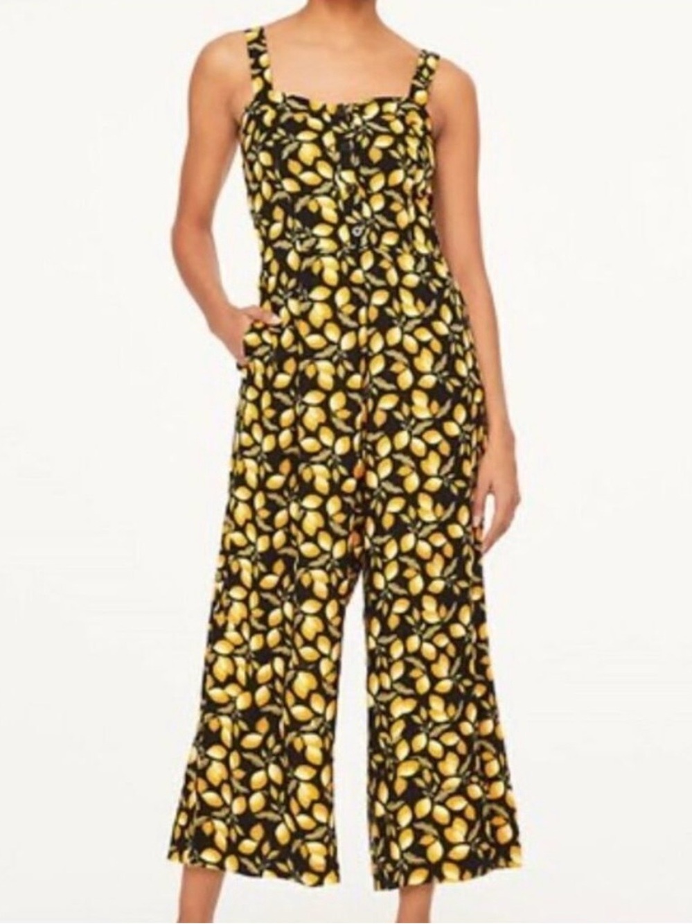 LOFT Lemon Print Jumpsuit Wide Leg Cropped Smocked Back Black Yellow Medium - Picture 7 of 7